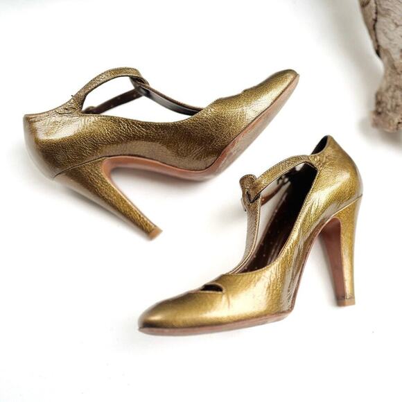 MOSCHINO Gold Metallic T-Strap Heels | Luxe Statement Pumps, 4” Italian Chic EUC - Picture 1 of 16